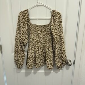 Amoli Women's Long Sleeve Brown Leopard Print Babydoll Blouse Size M